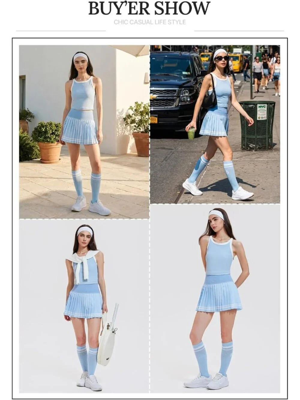 Women's Sky Blue 2 Piece Racer Back Tennis Skirt Tank Top Pull On Golf Dress